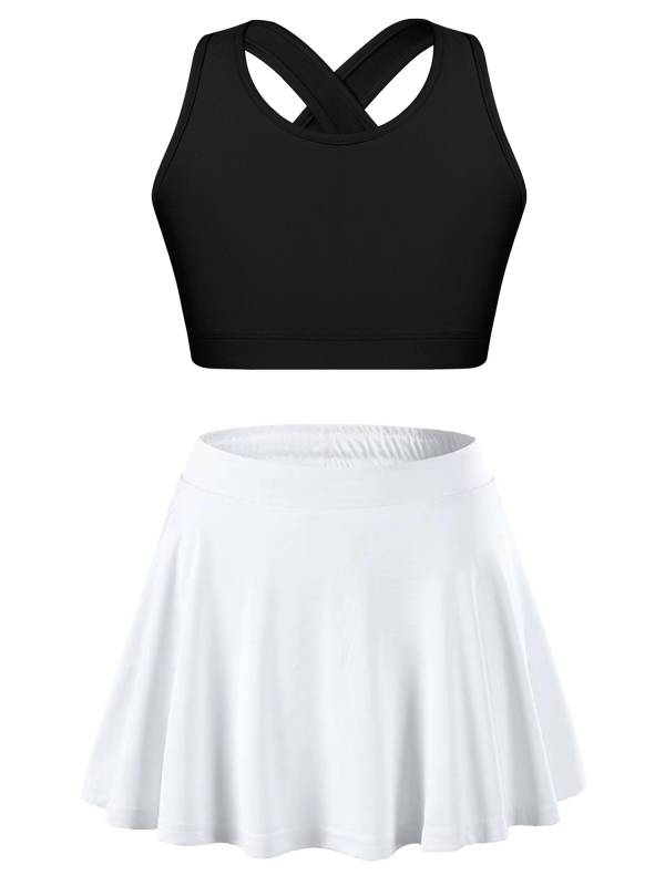 Kids Girls 2pcs Sleeveless Crop Top with Pleated Skort Skirt Tennis Set thumb