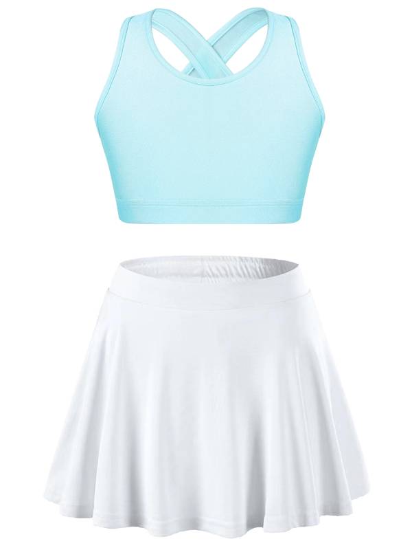 Kids Girls 2pcs Sleeveless Crop Top with Pleated Skort Skirt Tennis Set thumb