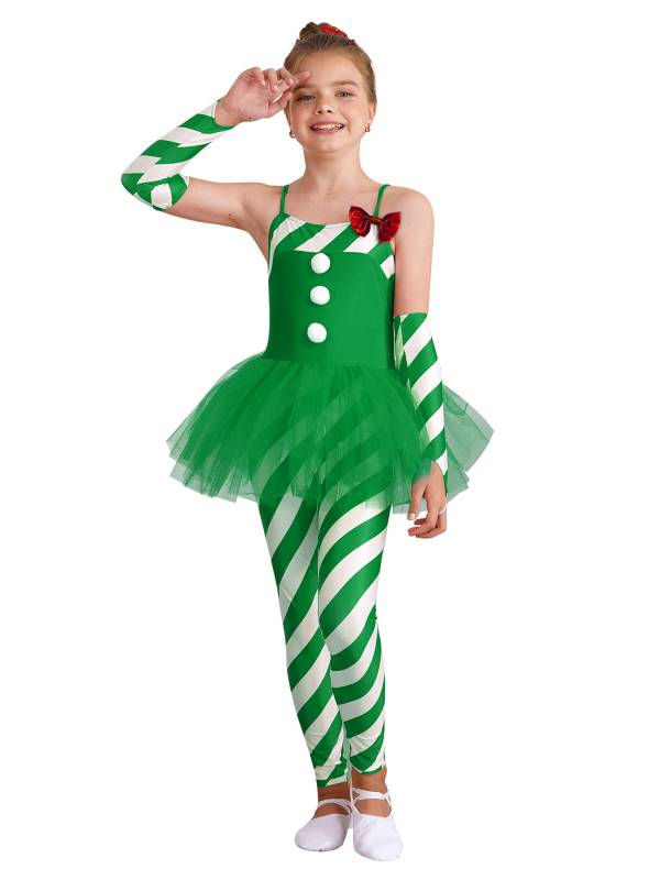Kids Girls Christmas Sleeveless Stripes Tulle Peplum Jumpsuit with Arm Sleeves thumb