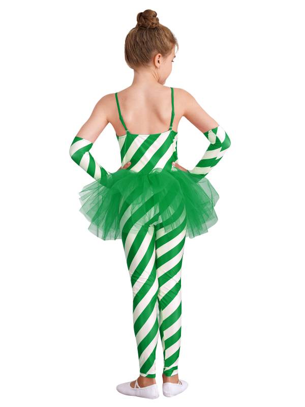 Kids Girls Christmas Sleeveless Stripes Tulle Peplum Jumpsuit with Arm Sleeves thumb