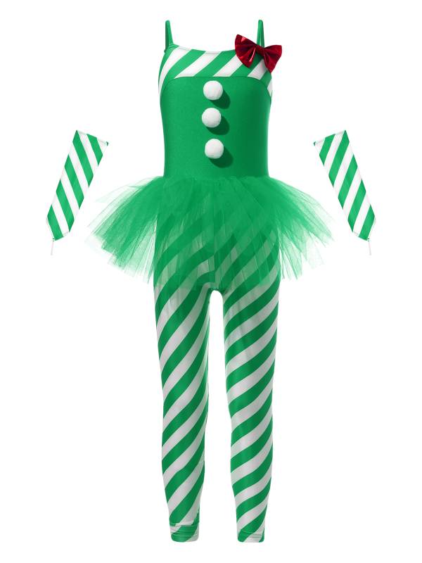 Kids Girls Christmas Sleeveless Stripes Tulle Peplum Jumpsuit with Arm Sleeves thumb