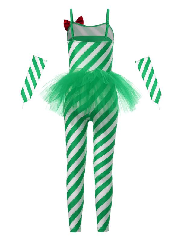 Kids Girls Christmas Sleeveless Stripes Tulle Peplum Jumpsuit with Arm Sleeves thumb