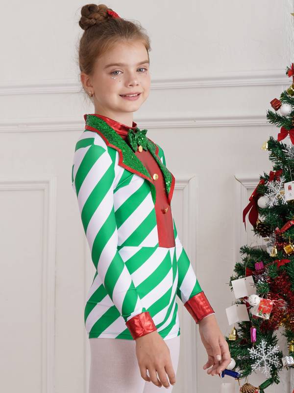 Kids Girls Christmas Santa Costume Long Sleeve Sequins Stripes Romper thumb