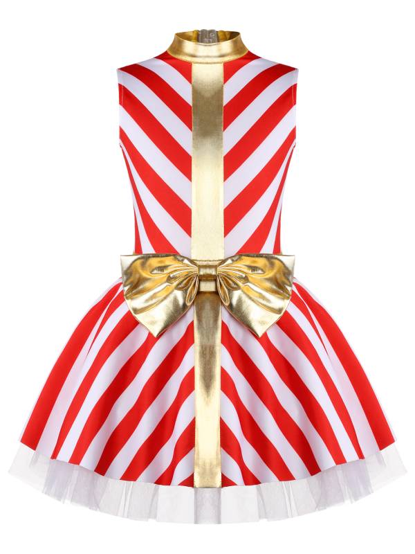 Kids Girls Christmas Sleeveless Stripe Santa Candy Cane Tutu Dress thumb