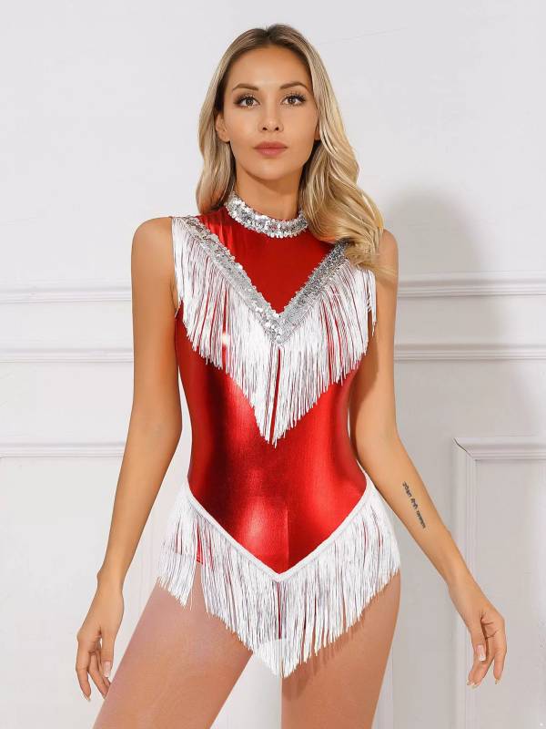 Women Sleeveless Sequins Tassel Latin Dance Leotard thumb