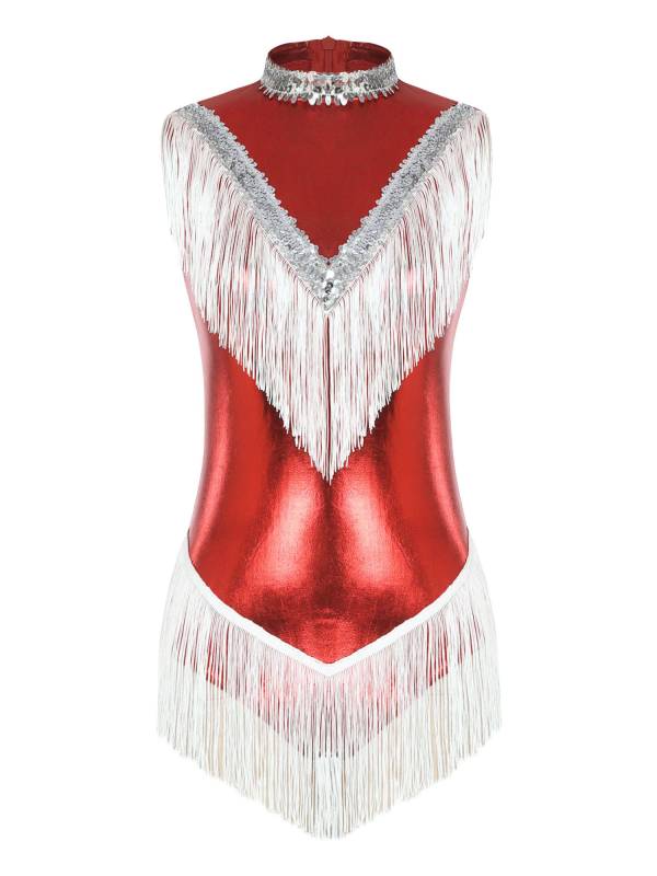 Women Sleeveless Sequins Tassel Latin Dance Leotard thumb