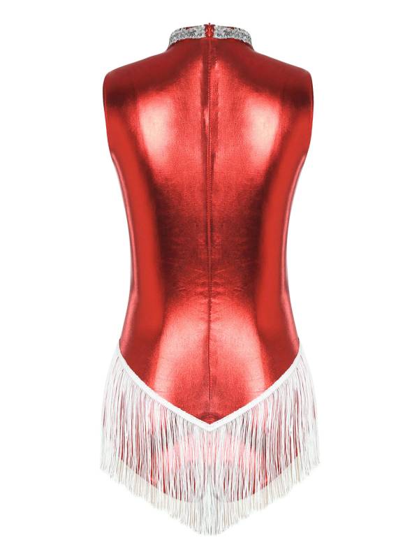 Women Sleeveless Sequins Tassel Latin Dance Leotard thumb