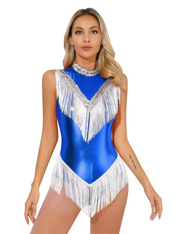 Women Sleeveless Sequins Tassel Latin Dance Leotard thumb