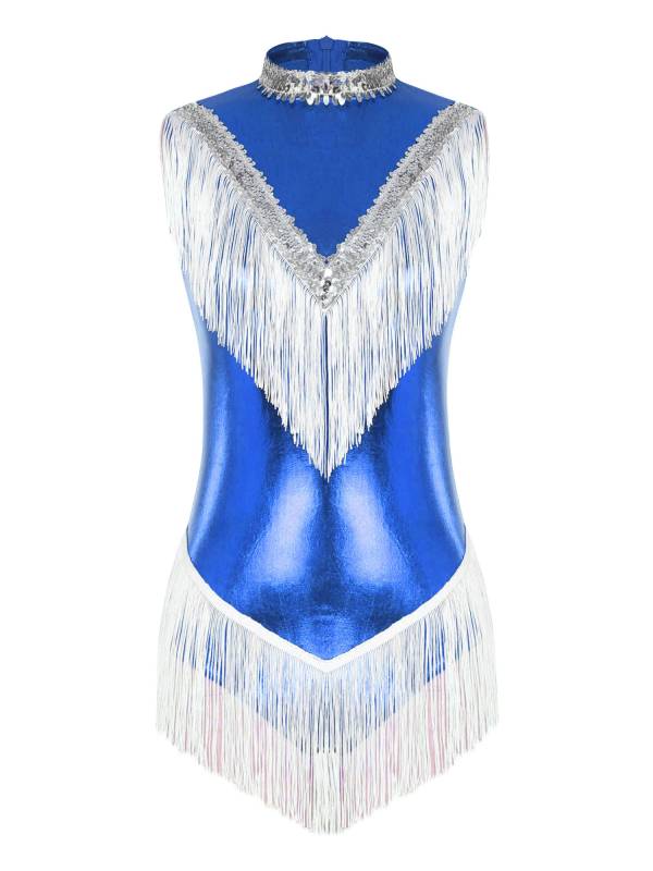Women Sleeveless Sequins Tassel Latin Dance Leotard thumb