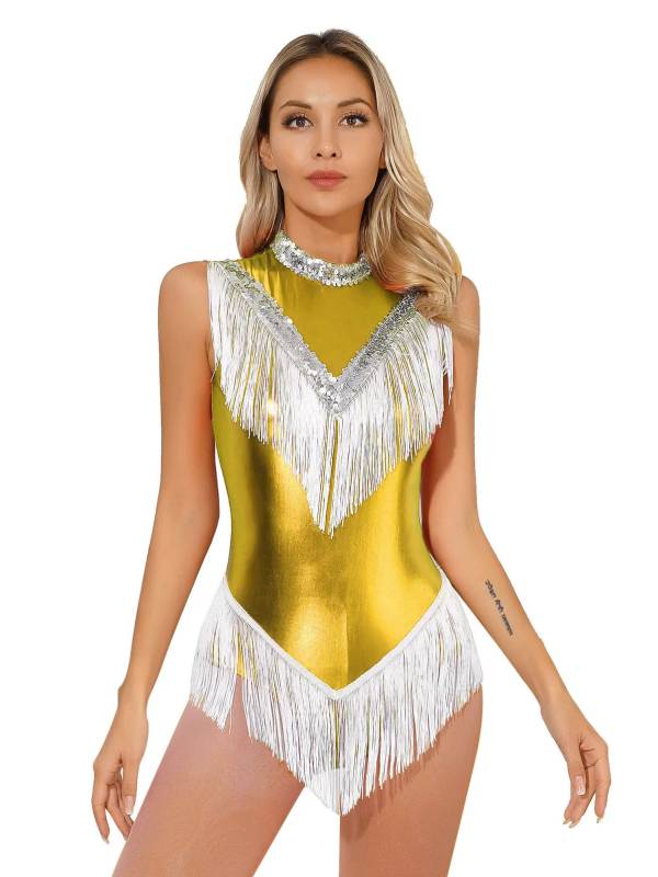 Women Sleeveless Sequins Tassel Latin Dance Leotard thumb