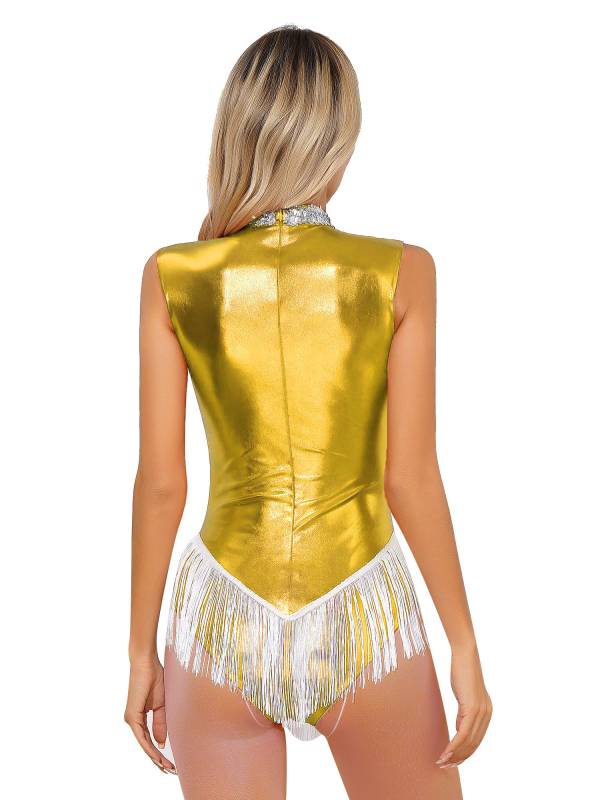 Women Sleeveless Sequins Tassel Latin Dance Leotard thumb