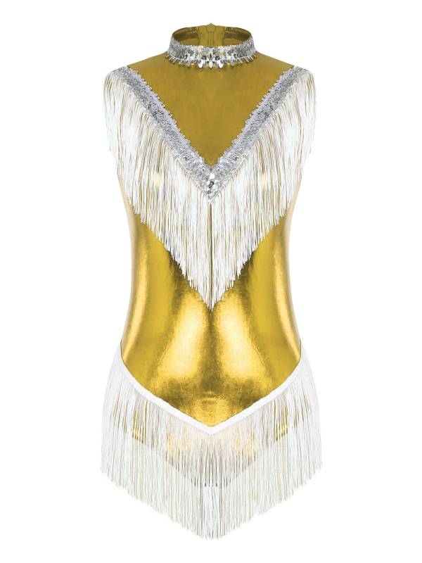 Women Sleeveless Sequins Tassel Latin Dance Leotard thumb