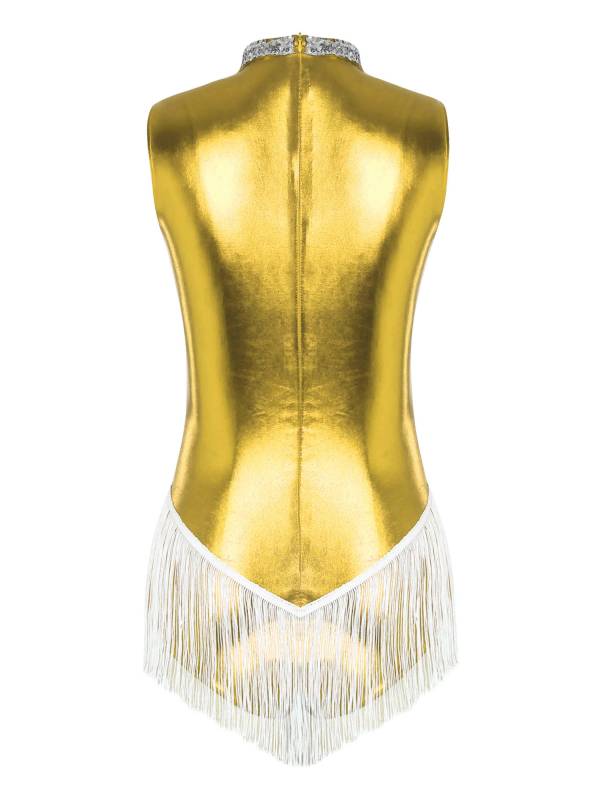 Women Sleeveless Sequins Tassel Latin Dance Leotard thumb