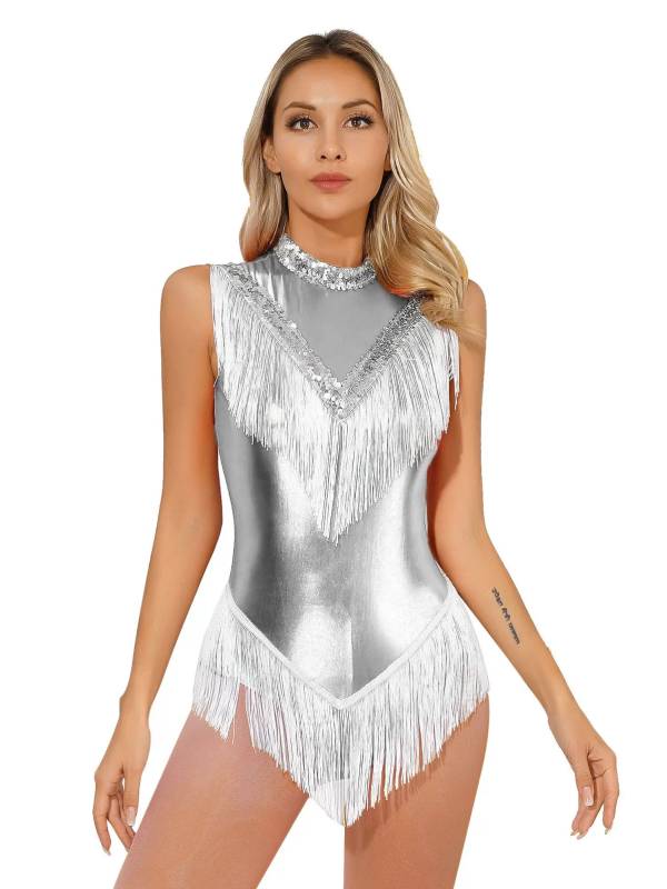 Women Sleeveless Sequins Tassel Latin Dance Leotard thumb