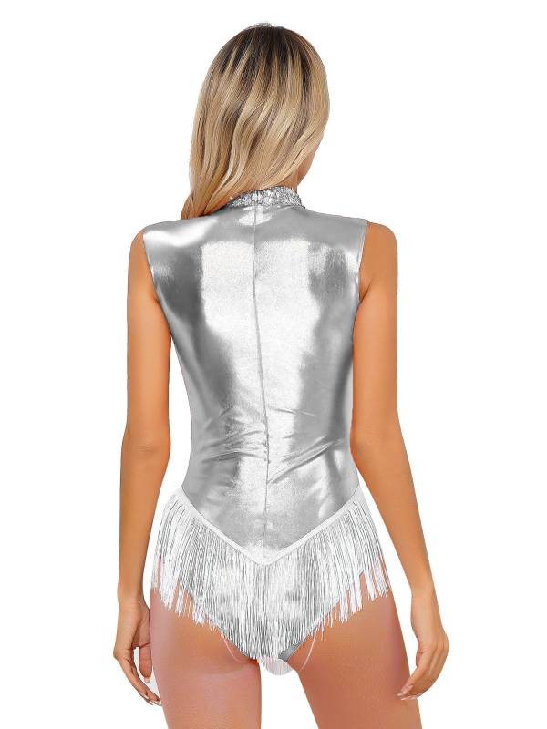 Women Sleeveless Sequins Tassel Latin Dance Leotard thumb