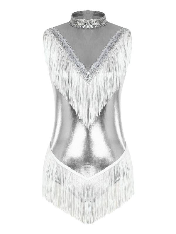 Women Sleeveless Sequins Tassel Latin Dance Leotard thumb