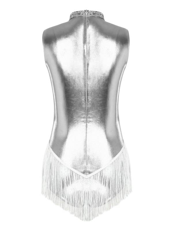 Women Sleeveless Sequins Tassel Latin Dance Leotard thumb