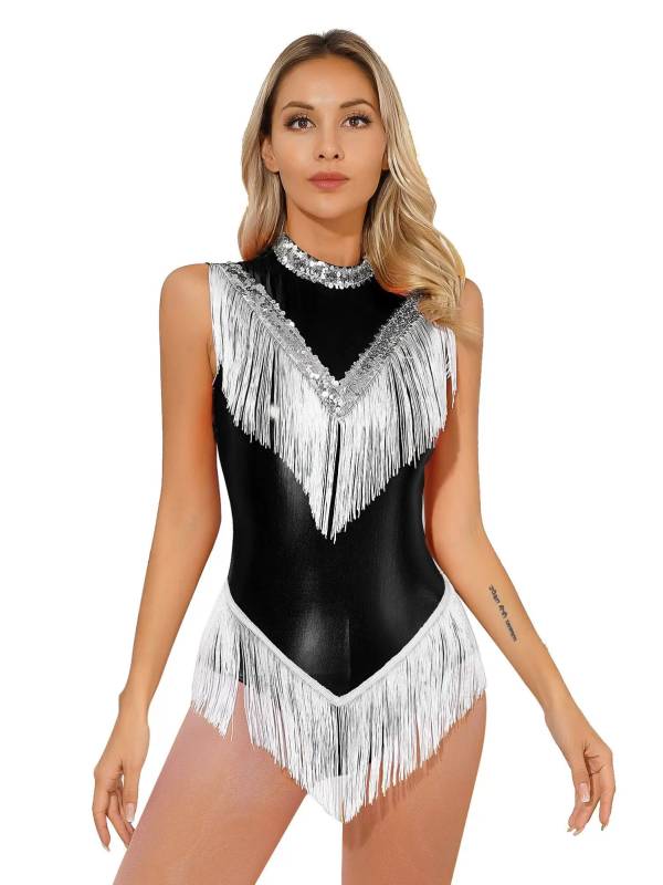 Women Sleeveless Sequins Tassel Latin Dance Leotard thumb