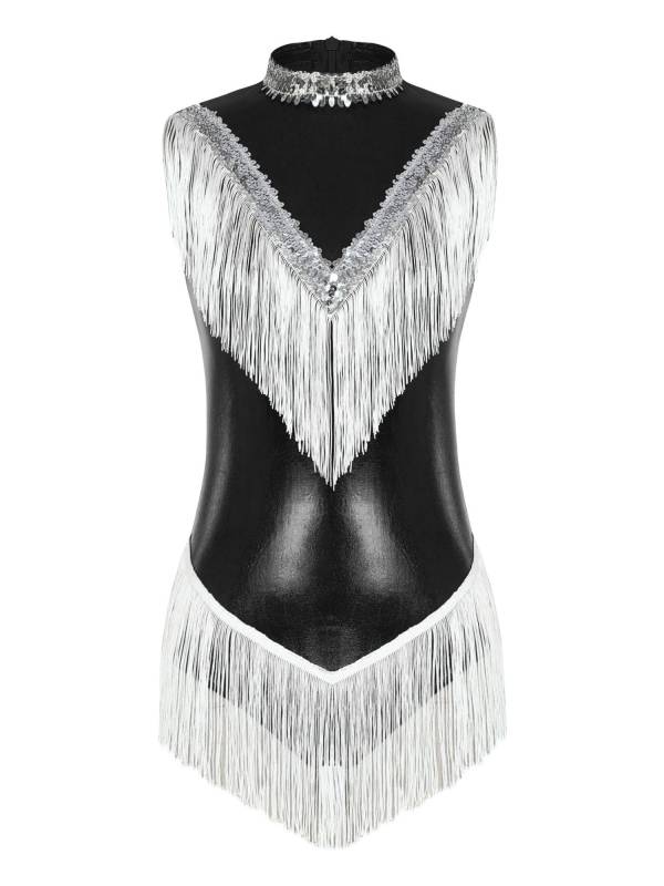 Women Sleeveless Sequins Tassel Latin Dance Leotard thumb