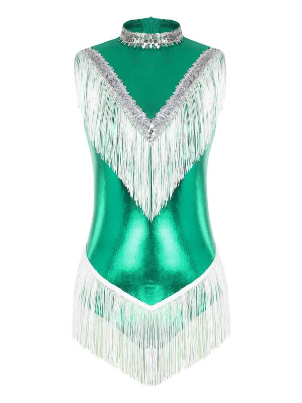 Women Sleeveless Sequins Tassel Latin Dance Leotard thumb