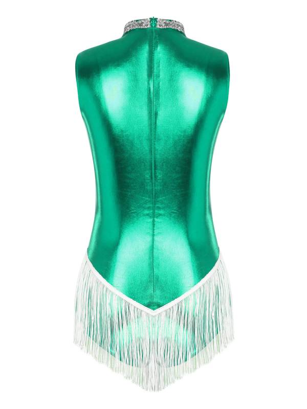 Women Sleeveless Sequins Tassel Latin Dance Leotard thumb