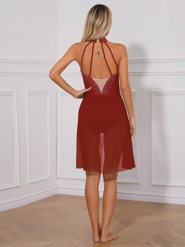 Women Glittery Rhinestone Backless Lyrical Dance Leotard Dress thumb
