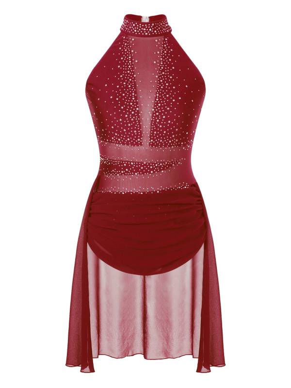 Women Glittery Rhinestone Backless Lyrical Dance Leotard Dress thumb