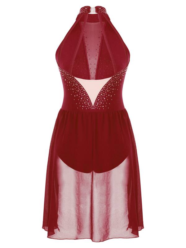 Women Glittery Rhinestone Backless Lyrical Dance Leotard Dress thumb