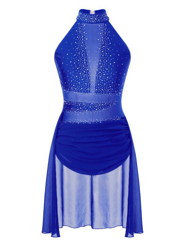 Women Glittery Rhinestone Backless Lyrical Dance Leotard Dress thumb