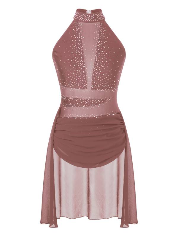 Women Glittery Rhinestone Backless Lyrical Dance Leotard Dress thumb