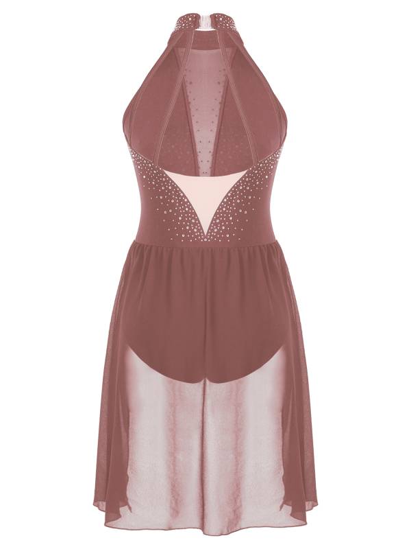 Women Glittery Rhinestone Backless Lyrical Dance Leotard Dress thumb