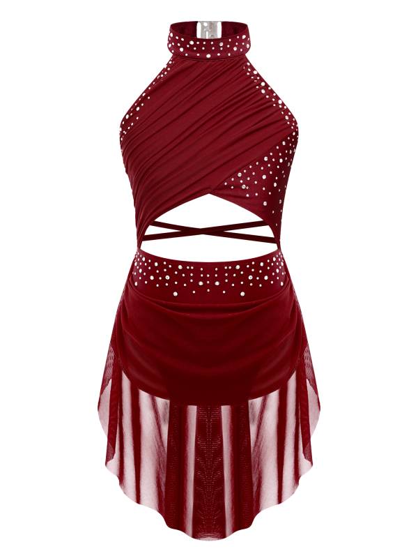 Kids Girls Rhinestone Backless Lyrical Dance Leotard Dress thumb