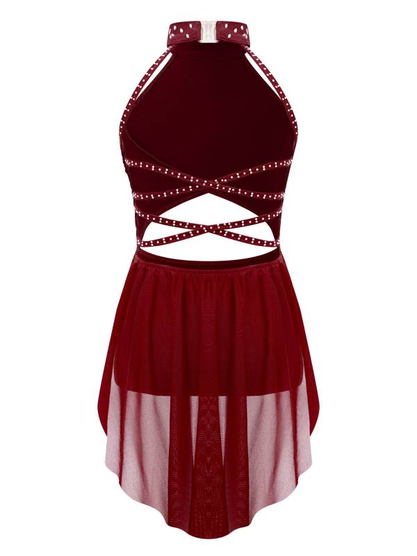 Kids Girls Rhinestone Backless Lyrical Dance Leotard Dress thumb