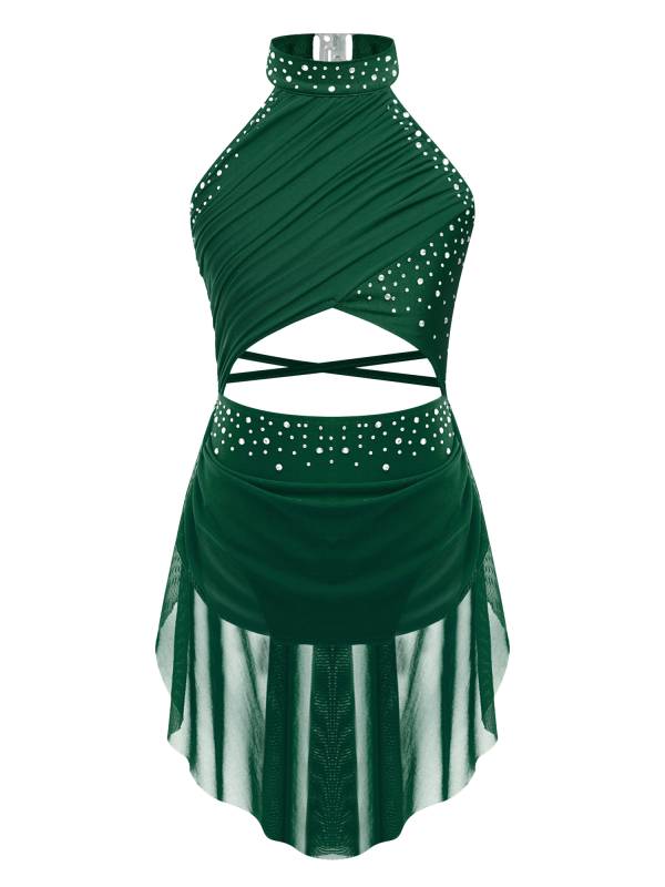 Kids Girls Rhinestone Backless Lyrical Dance Leotard Dress thumb