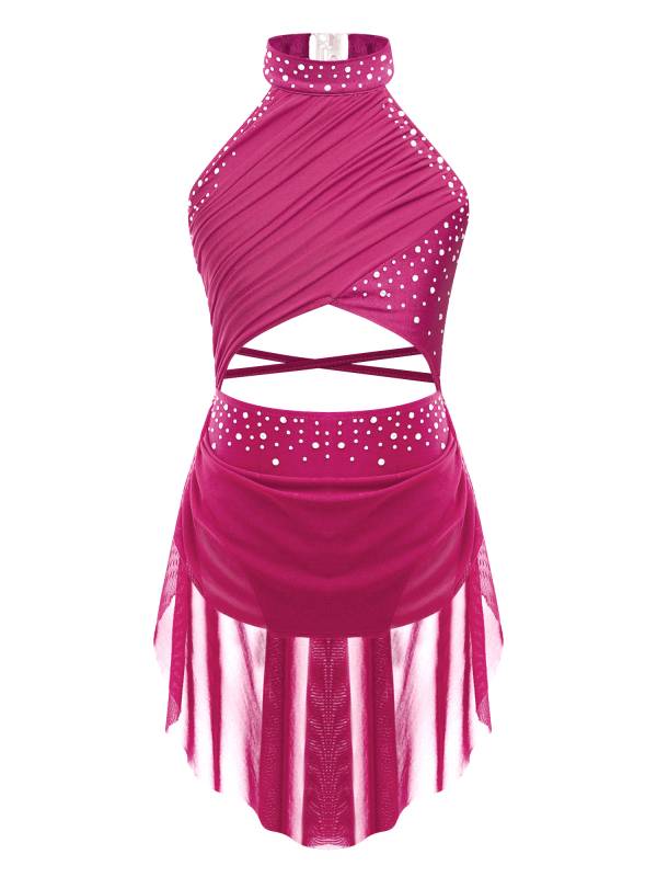 Kids Girls Rhinestone Backless Lyrical Dance Leotard Dress thumb