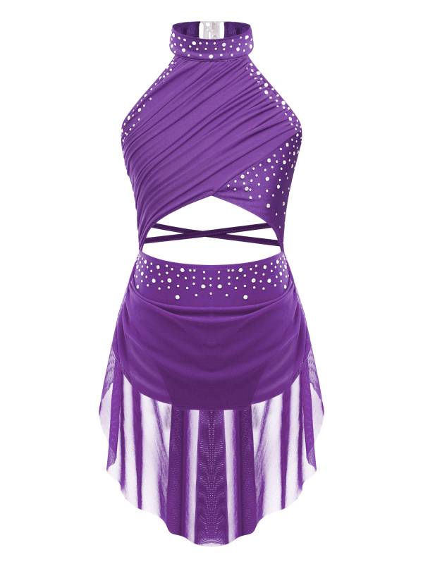 Kids Girls Rhinestone Backless Lyrical Dance Leotard Dress thumb