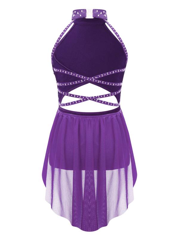 Kids Girls Rhinestone Backless Lyrical Dance Leotard Dress thumb
