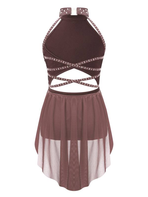 Kids Girls Rhinestone Backless Lyrical Dance Leotard Dress thumb