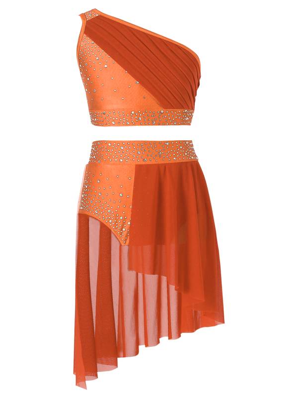 Kids Girls Rhinestone One Shoulder Crop Top and Skirt Lyrical Dance Set thumb