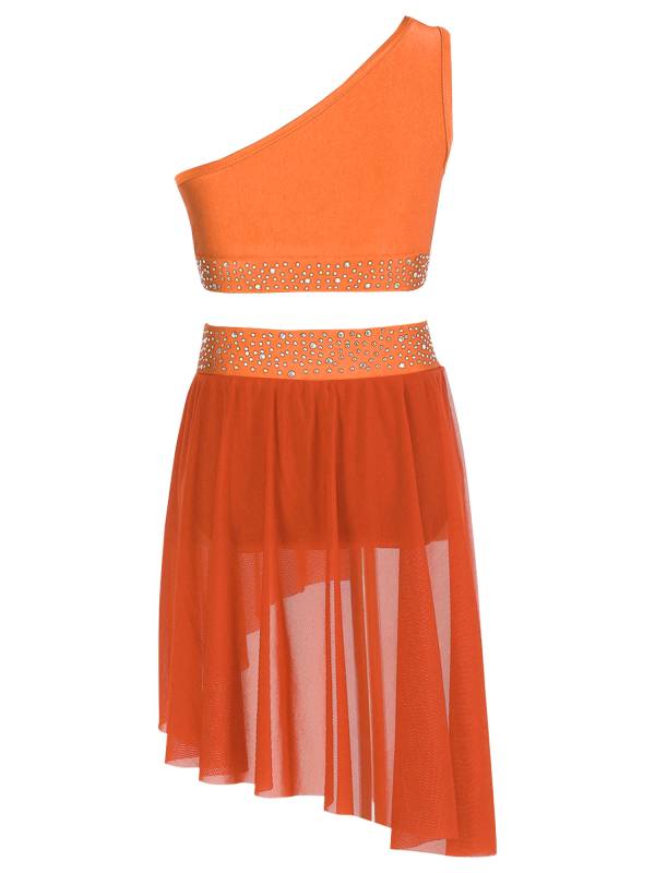 Kids Girls Rhinestone One Shoulder Crop Top and Skirt Lyrical Dance Set thumb