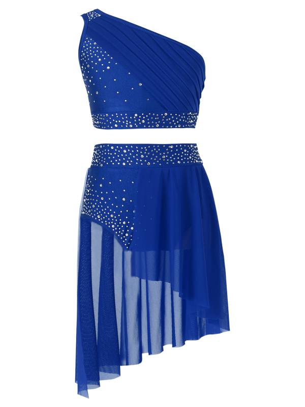 Kids Girls Rhinestone One Shoulder Crop Top and Skirt Lyrical Dance Set thumb