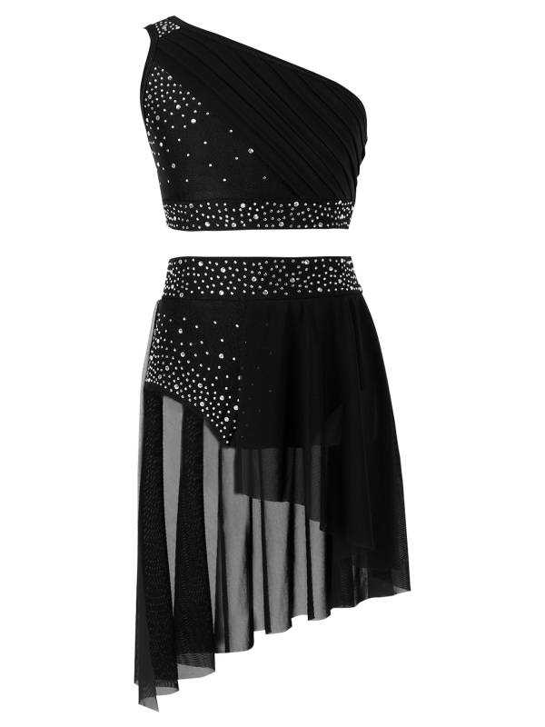 Kids Girls Rhinestone One Shoulder Crop Top and Skirt Lyrical Dance Set thumb
