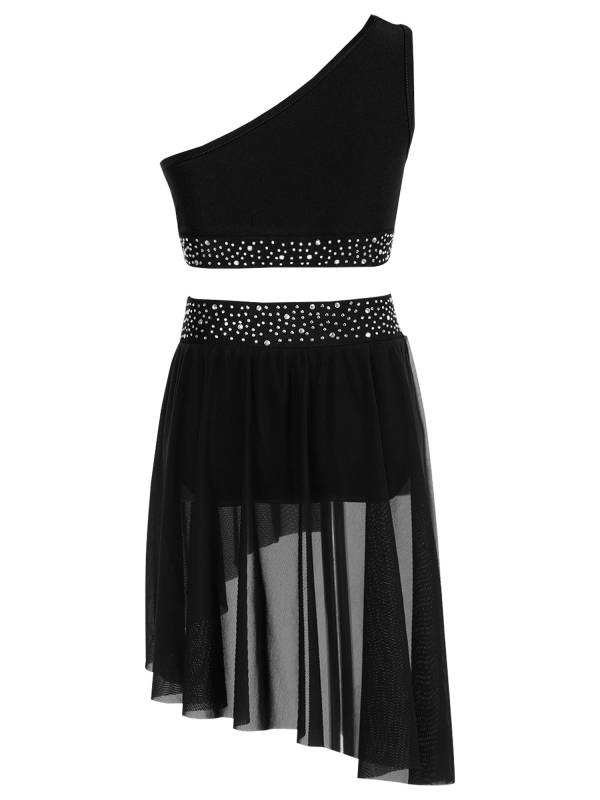 Kids Girls Rhinestone One Shoulder Crop Top and Skirt Lyrical Dance Set thumb