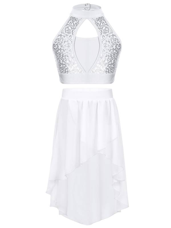 Kids Girls Two-Piece Dance Performance Outfits Hollow Front Keyhole Back Sequin thumb