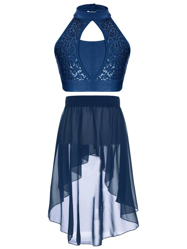 Kids Girls Two-Piece Dance Performance Outfits Hollow Front Keyhole Back Sequin thumb