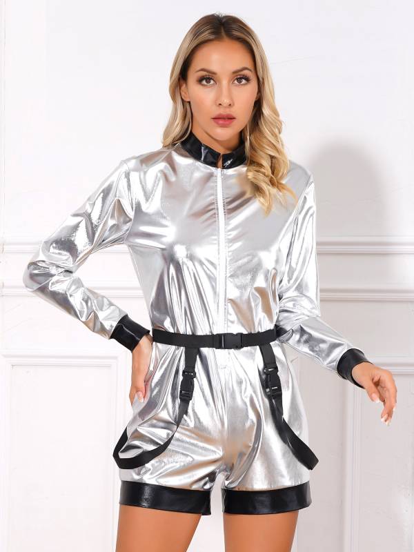 Women Metallic Astronaut Jumpsuit with Waist Belt for Halloween Christmas thumb