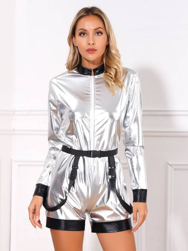 Women Metallic Astronaut Jumpsuit with Waist Belt for Halloween Christmas thumb