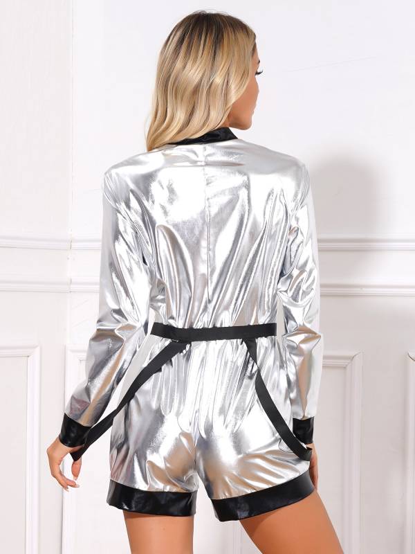 Women Metallic Astronaut Jumpsuit with Waist Belt for Halloween Christmas thumb