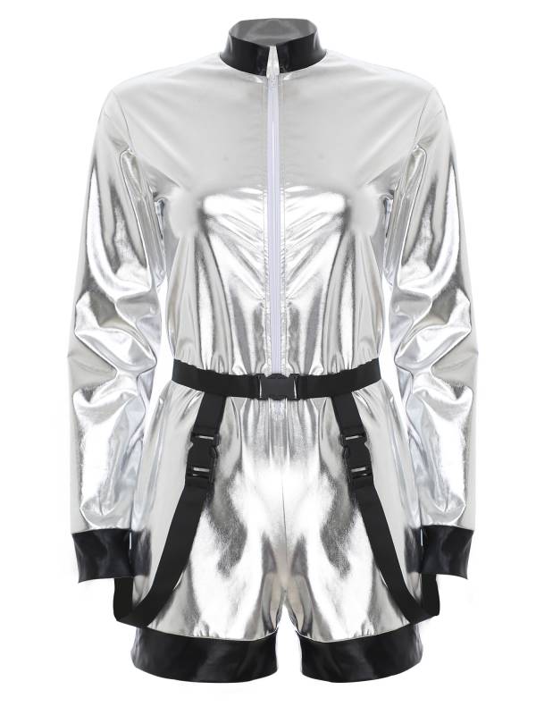 Women Metallic Astronaut Jumpsuit with Waist Belt for Halloween Christmas thumb