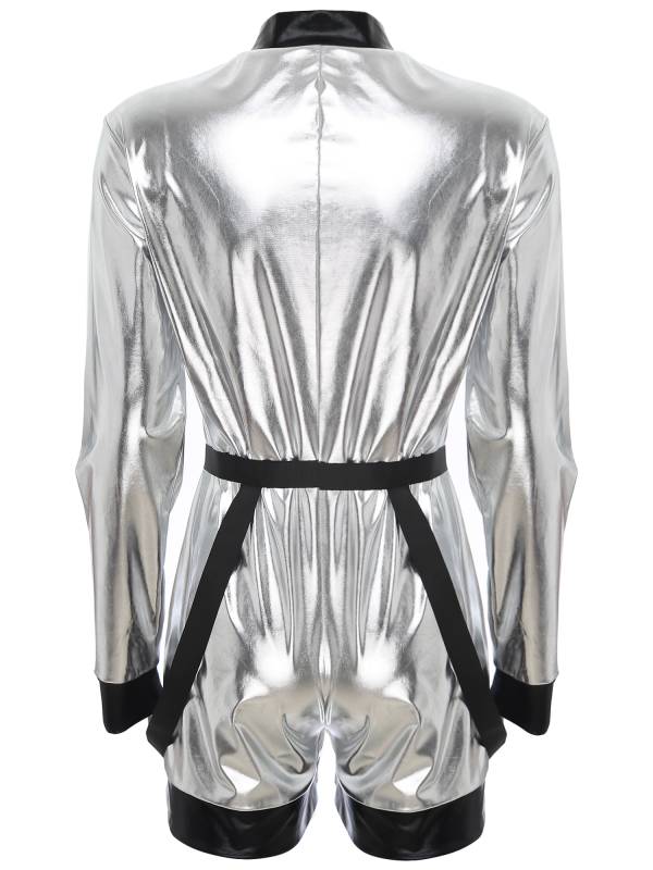 Women Metallic Astronaut Jumpsuit with Waist Belt for Halloween Christmas thumb